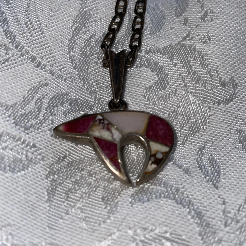 Rare Vintage Sterling Silver Inlay Elegant Pink Pendant Bear Necklace.  20” - Picture 9 of 11